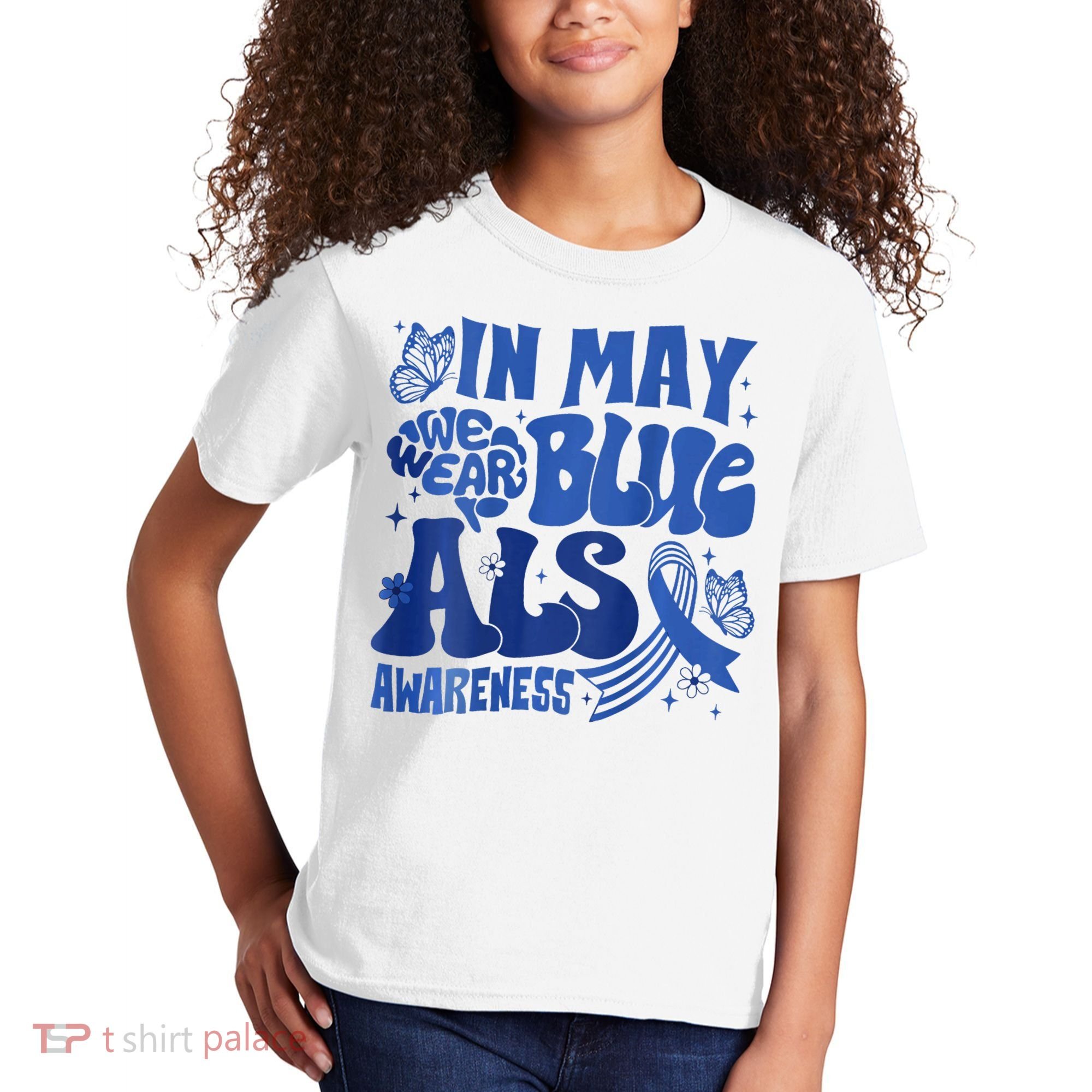 Rainbow In May We Wear Blue ALS Awareness Month  Kids T-Shirt