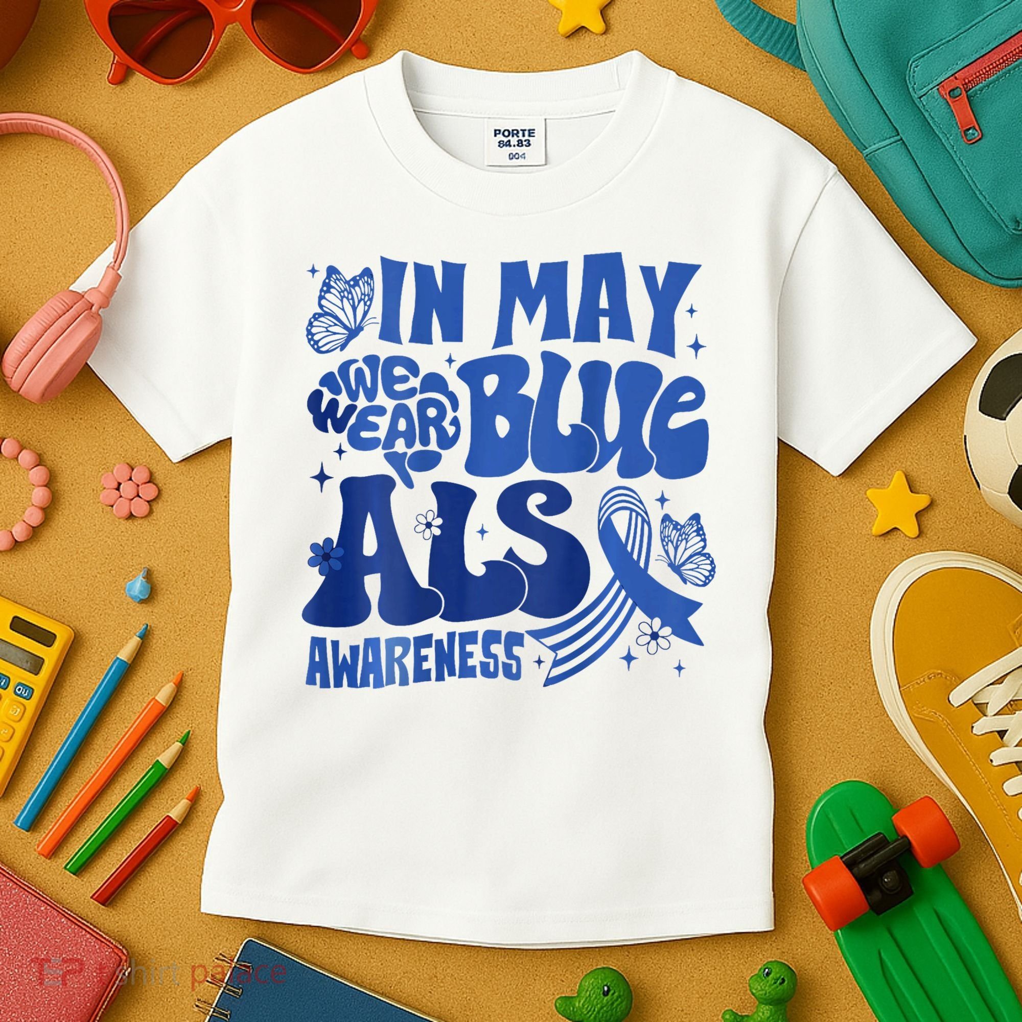 Rainbow In May We Wear Blue ALS Awareness Month  Kids T-Shirt