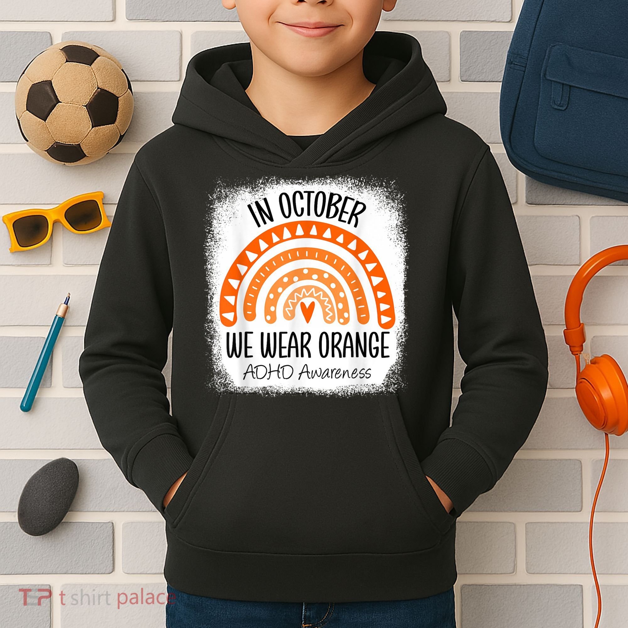 Rainbow In October We Wear Orange ADHD Awareness Ribbon Kids Hoodie