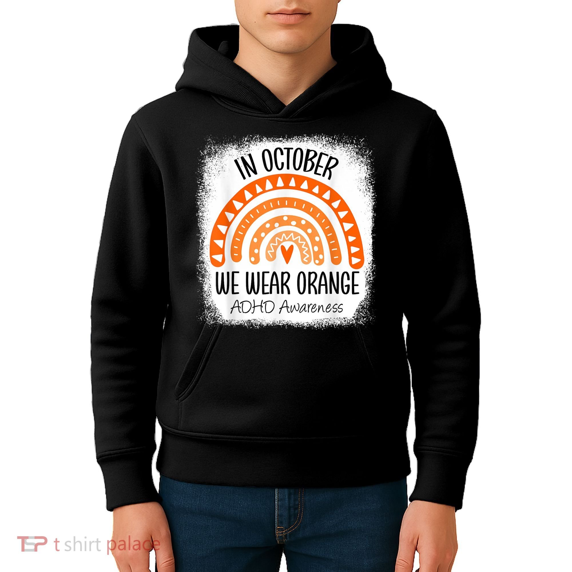 Rainbow In October We Wear Orange ADHD Awareness Ribbon Kids Hoodie