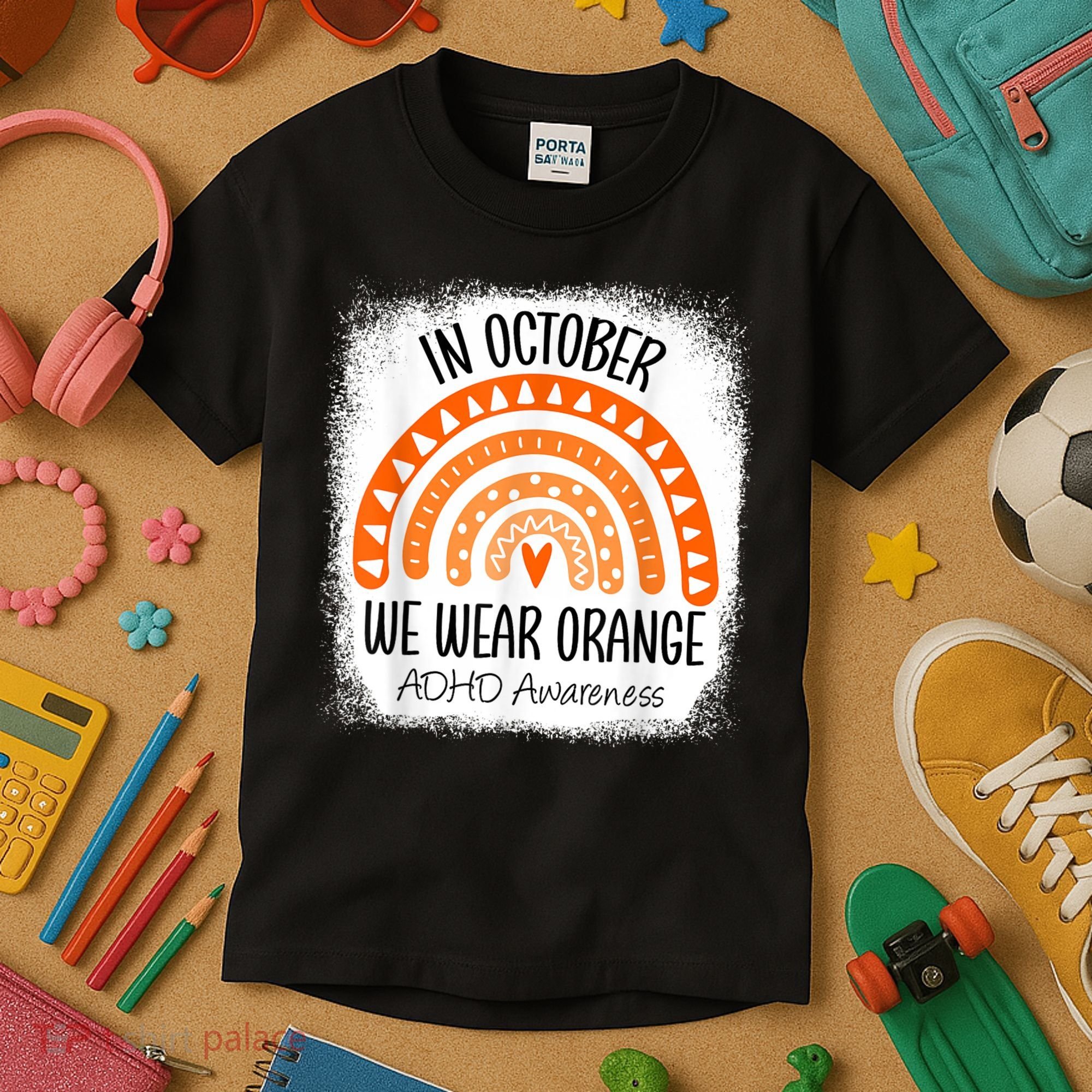 Rainbow In October We Wear Orange ADHD Awareness Ribbon Kids T-Shirt