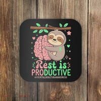Rest Is Productive Funny Sloth Mental Health Awareness Gift Coaster thumb 0