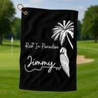 Rest In Paradise Jimmy. Parrot Heads Guitar Music Lovers Golf Towel thumb 1