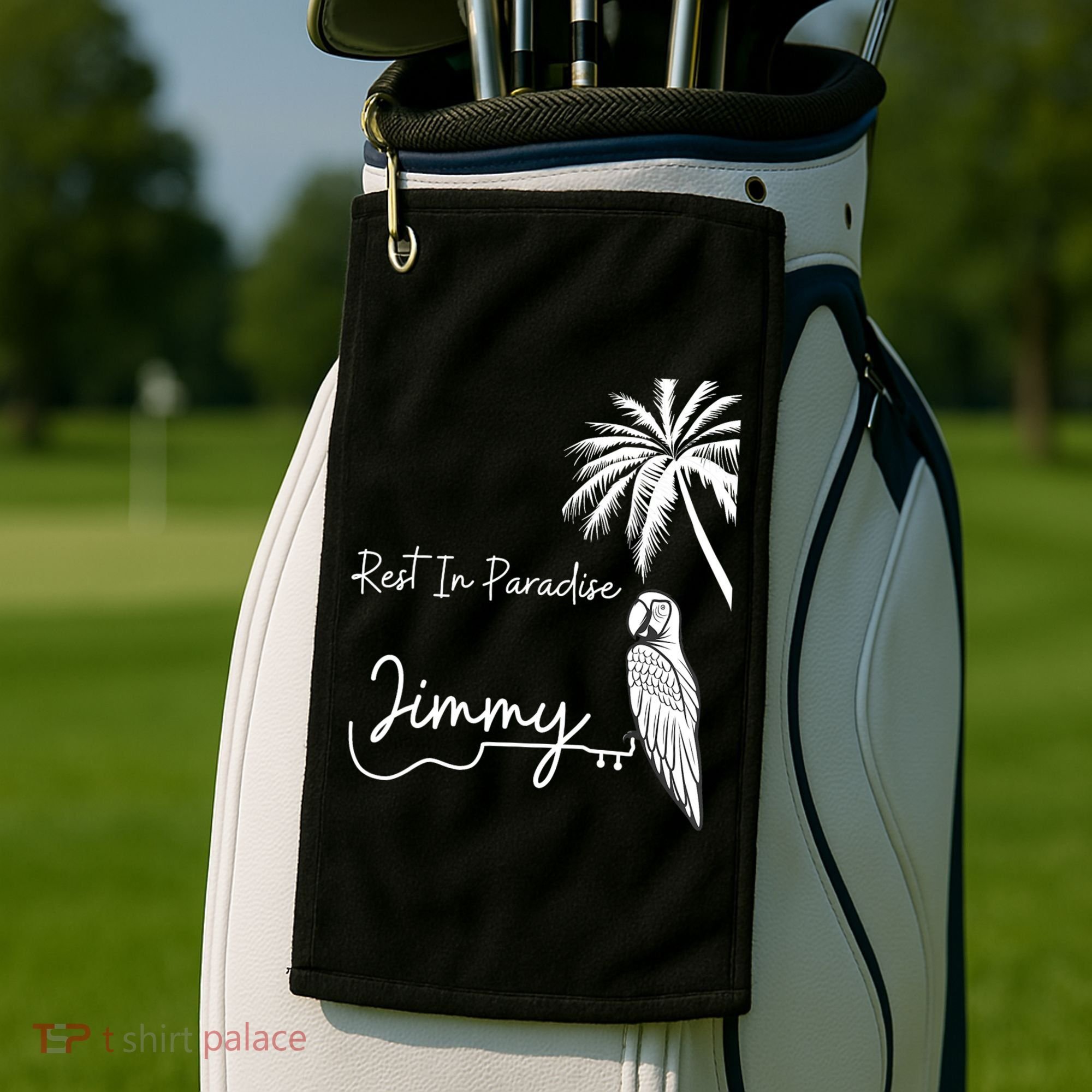 Rest In Paradise Jimmy. Parrot Heads Guitar Music Lovers Golf Towel