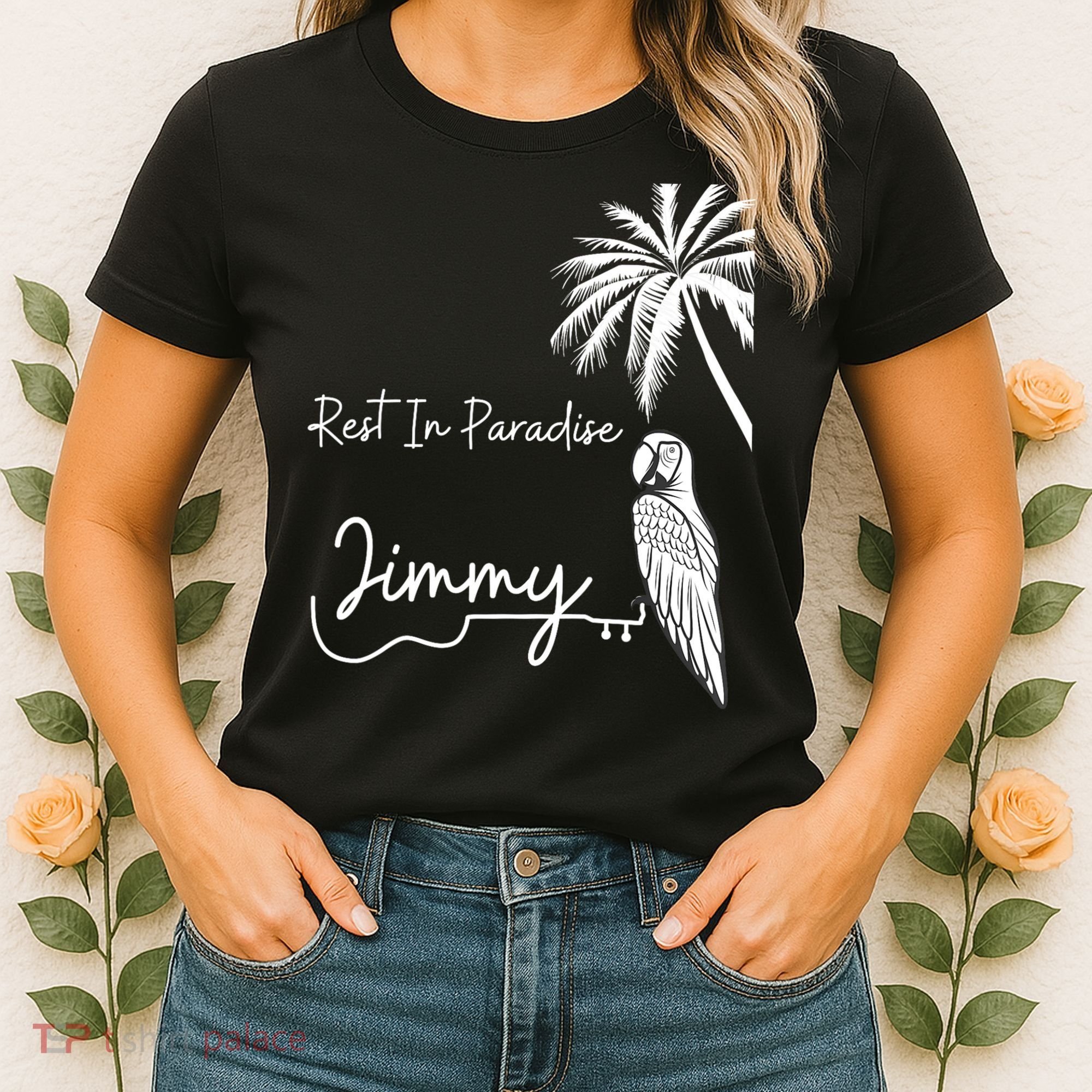 Rest In Paradise Jimmy. Parrot Heads Guitar Music Lovers Women's T-Shirt