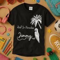 Rest In Paradise Jimmy. Parrot Heads Guitar Music Lovers Kids T-Shirt thumb 3