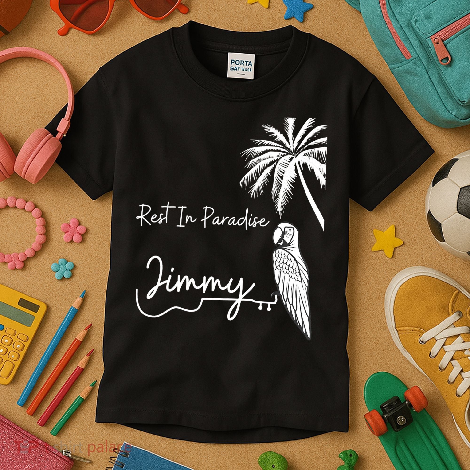 Rest In Paradise Jimmy. Parrot Heads Guitar Music Lovers Kids T-Shirt