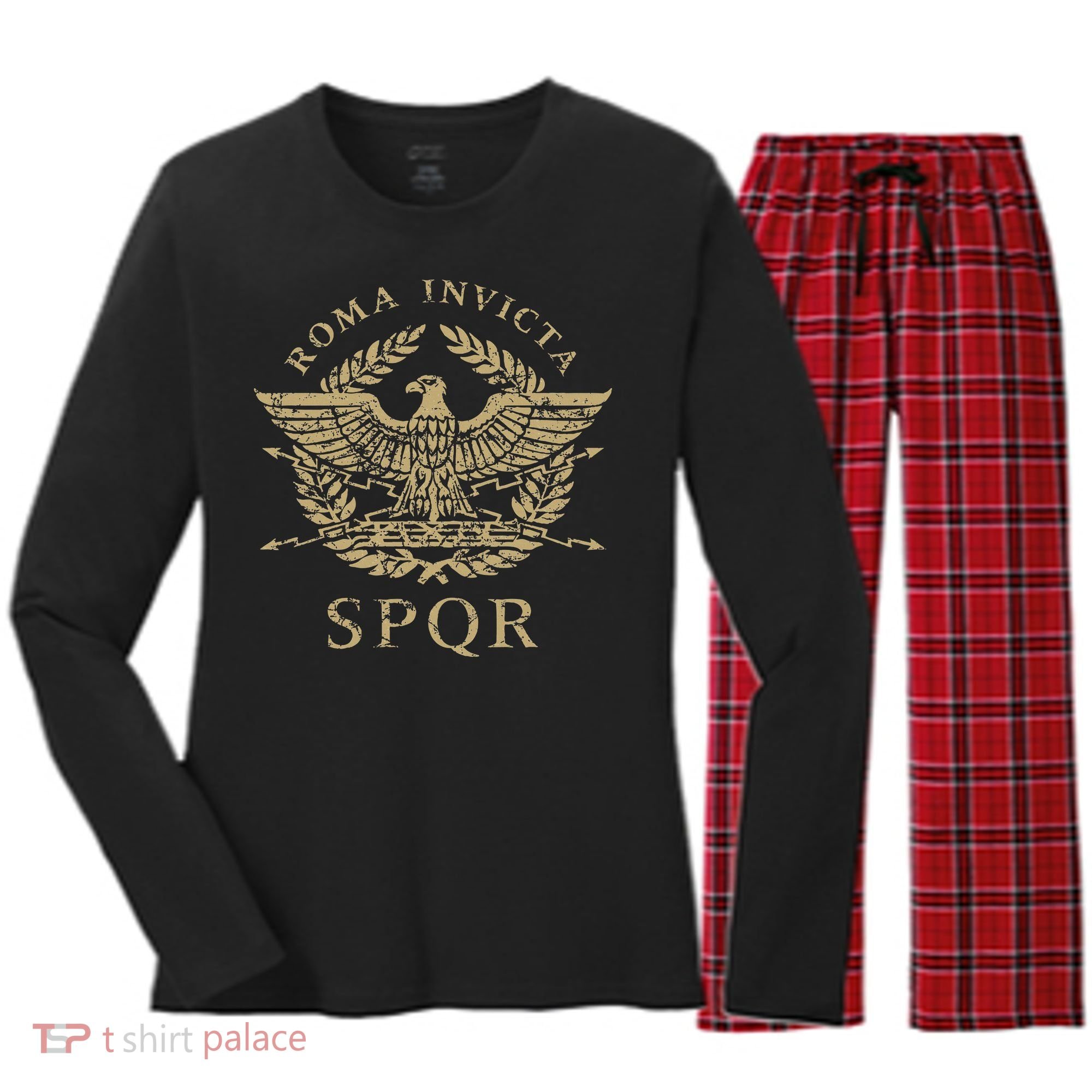 Roma Invicta Spqr Roman Eagle Distressed Women's Long Sleeve Flannel Pajama Set 