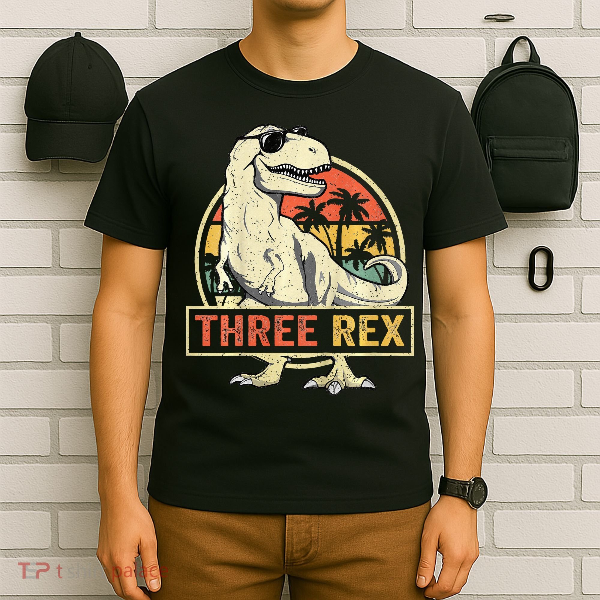 Roaring into Three Dinosaur Birthday Celebration T-Shirt