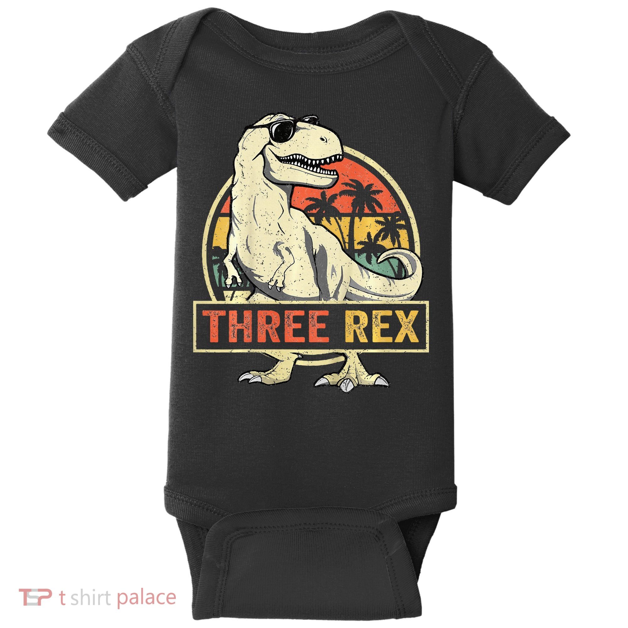 Roaring into Three Dinosaur Birthday Celebration Baby Bodysuit
