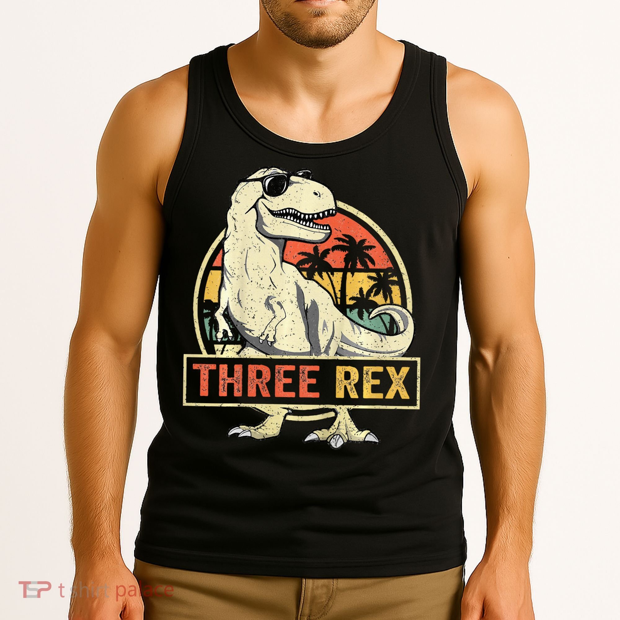 Roaring into Three Dinosaur Birthday Celebration Tank Top
