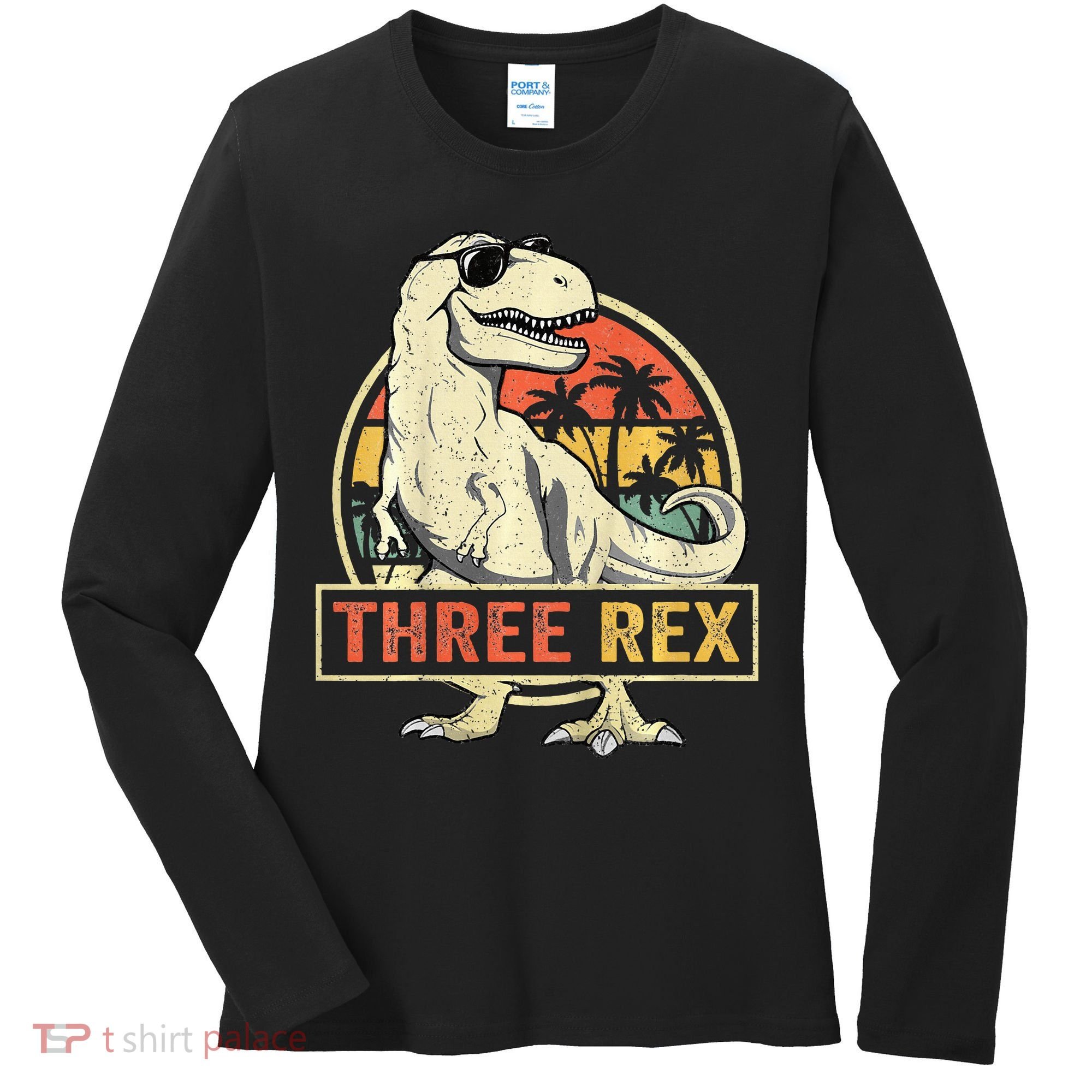 Roaring into Three Dinosaur Birthday Celebration Women's Long Sleeve Shirt