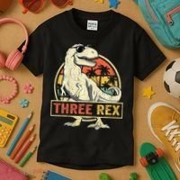Roaring into Three Dinosaur Birthday Celebration Kids T-Shirt thumb 3
