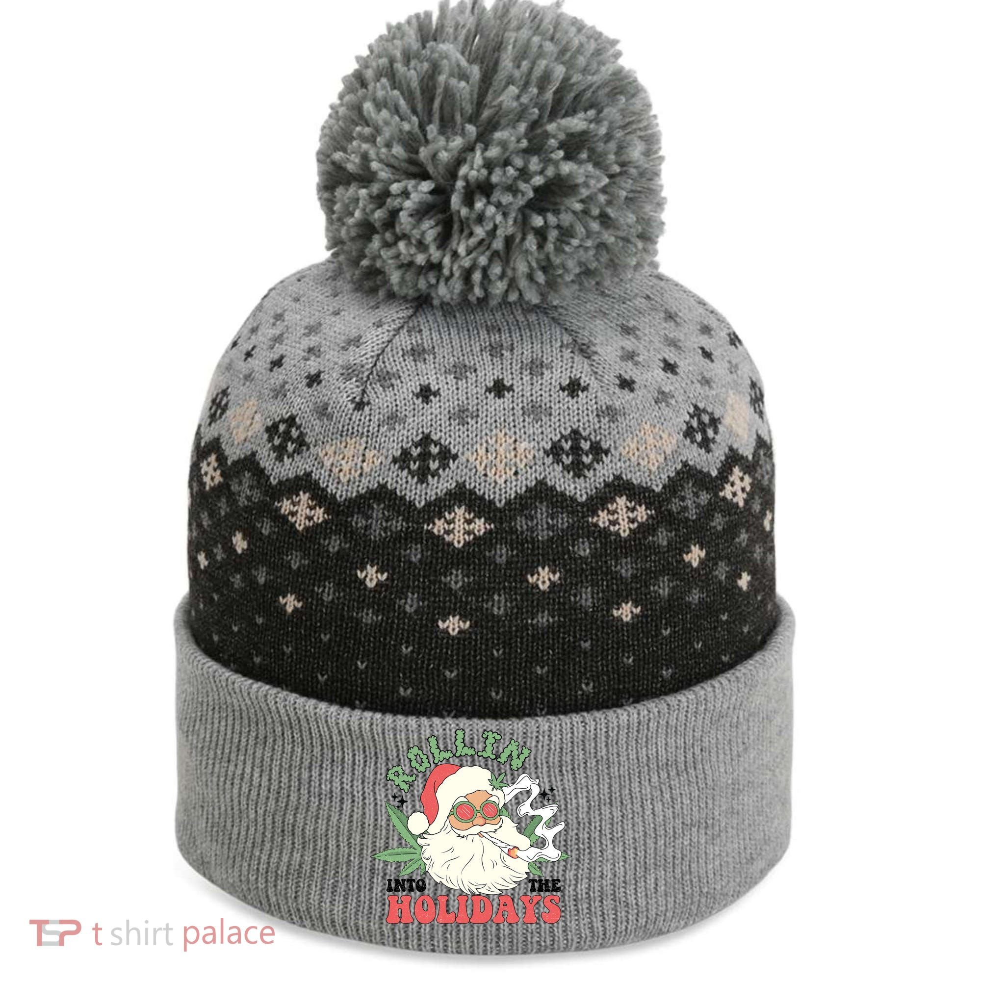 Rollin Into The Holidays Funny Marijuana Santa The Baniff Cuffed Pom Beanie
