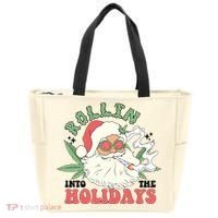Rollin Into The Holidays Funny Marijuana Santa Tote Bag thumb 0