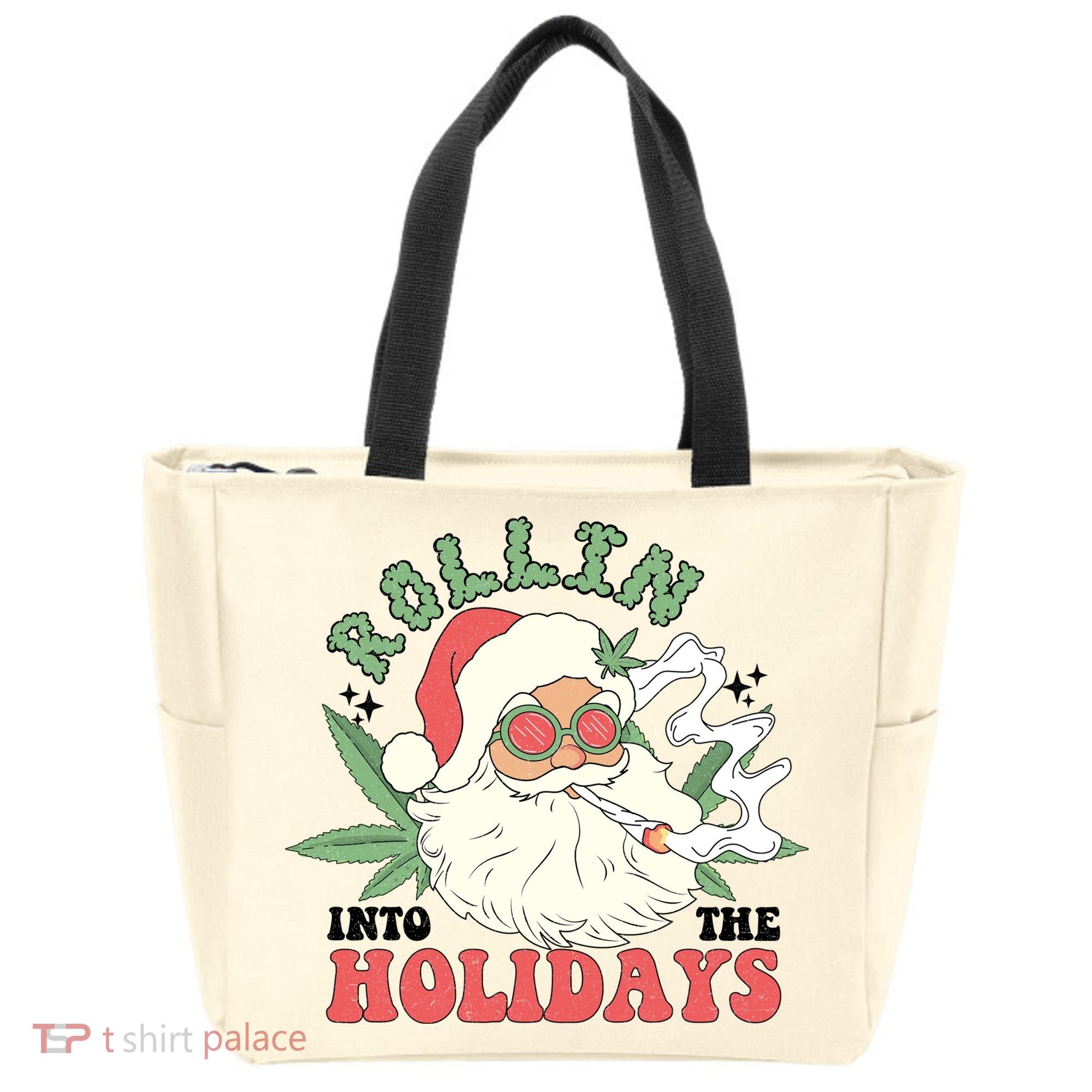 Rollin Into The Holidays Funny Marijuana Santa Tote Bag
