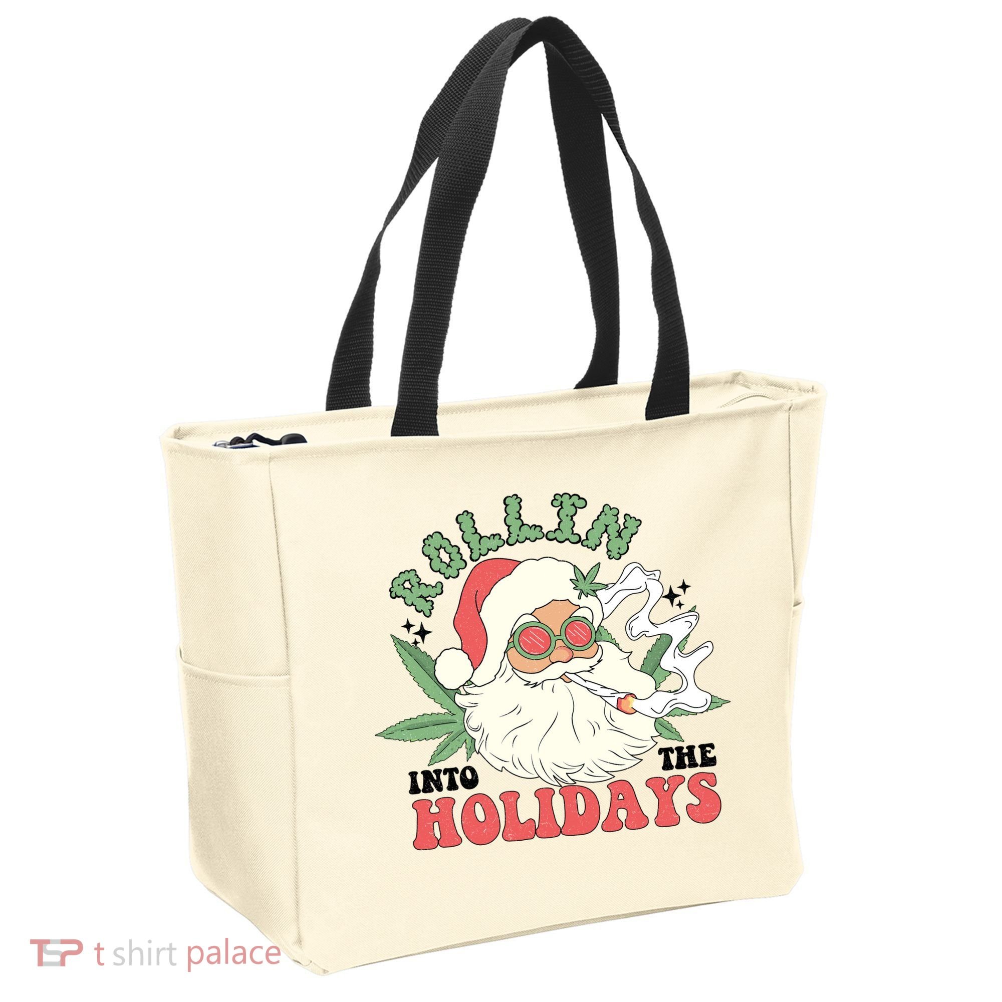 Rollin Into The Holidays Funny Marijuana Santa Tote Bag