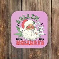 Rollin Into The Holidays Funny Marijuana Santa Coaster thumb 0