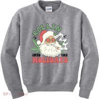 Rollin Into The Holidays Funny Marijuana Santa Kids Sweatshirt thumb 0