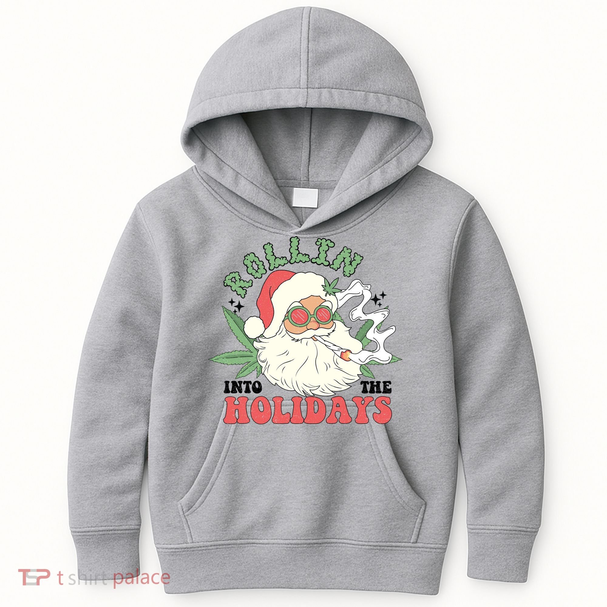 Rollin Into The Holidays Funny Marijuana Santa Kids Hoodie