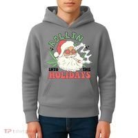 Rollin Into The Holidays Funny Marijuana Santa Kids Hoodie thumb 4
