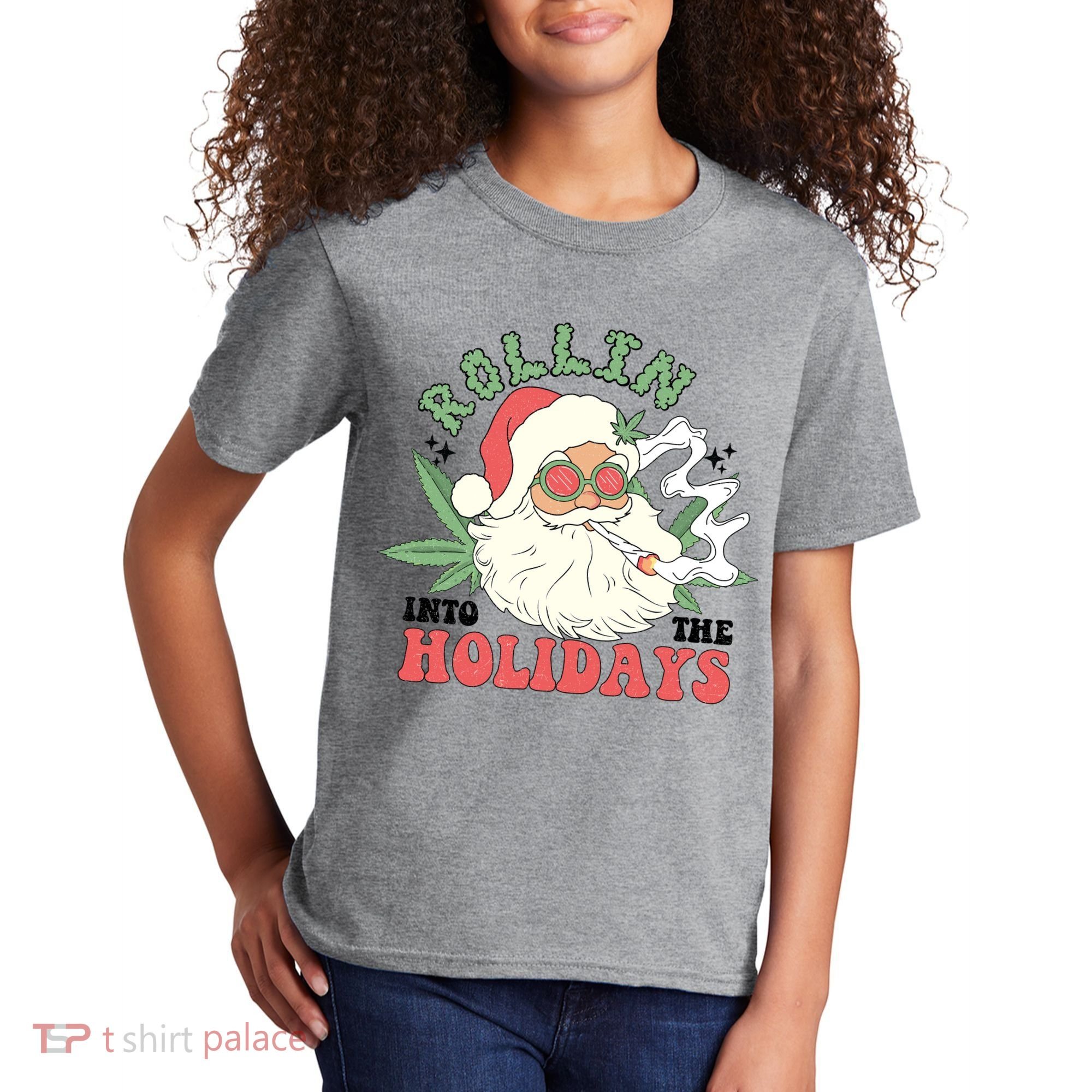 Rollin Into The Holidays Funny Marijuana Santa Kids T-Shirt