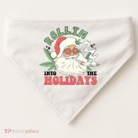 Rollin Into The Holidays Funny Marijuana Santa USA-Made Doggie Bandana thumb 0