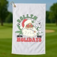 Rollin Into The Holidays Funny Marijuana Santa Golf Towel thumb 1