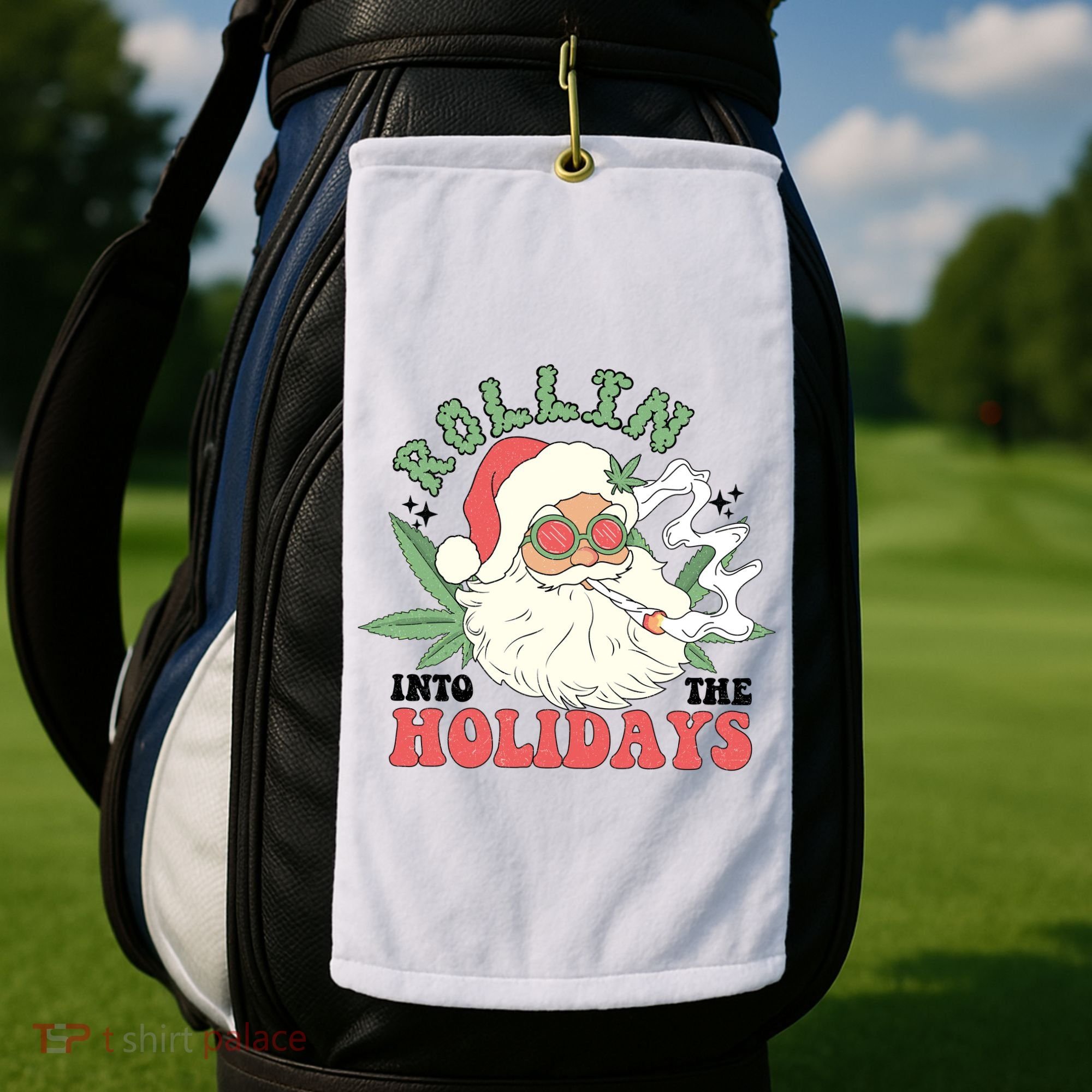 Rollin Into The Holidays Funny Marijuana Santa Golf Towel