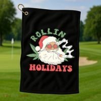 Rollin Into The Holidays Santa Smoker Retro Christmas Cannabis Weed Golf Towel thumb 1