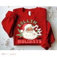 Rollin Into The Holidays Santa Smoker Retro Christmas Cannabis Weed Sweatshirt thumb 2