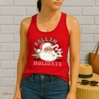 Rollin Into The Holidays Santa Smoker Retro Christmas Cannabis Weed Women's Tank Top thumb 2