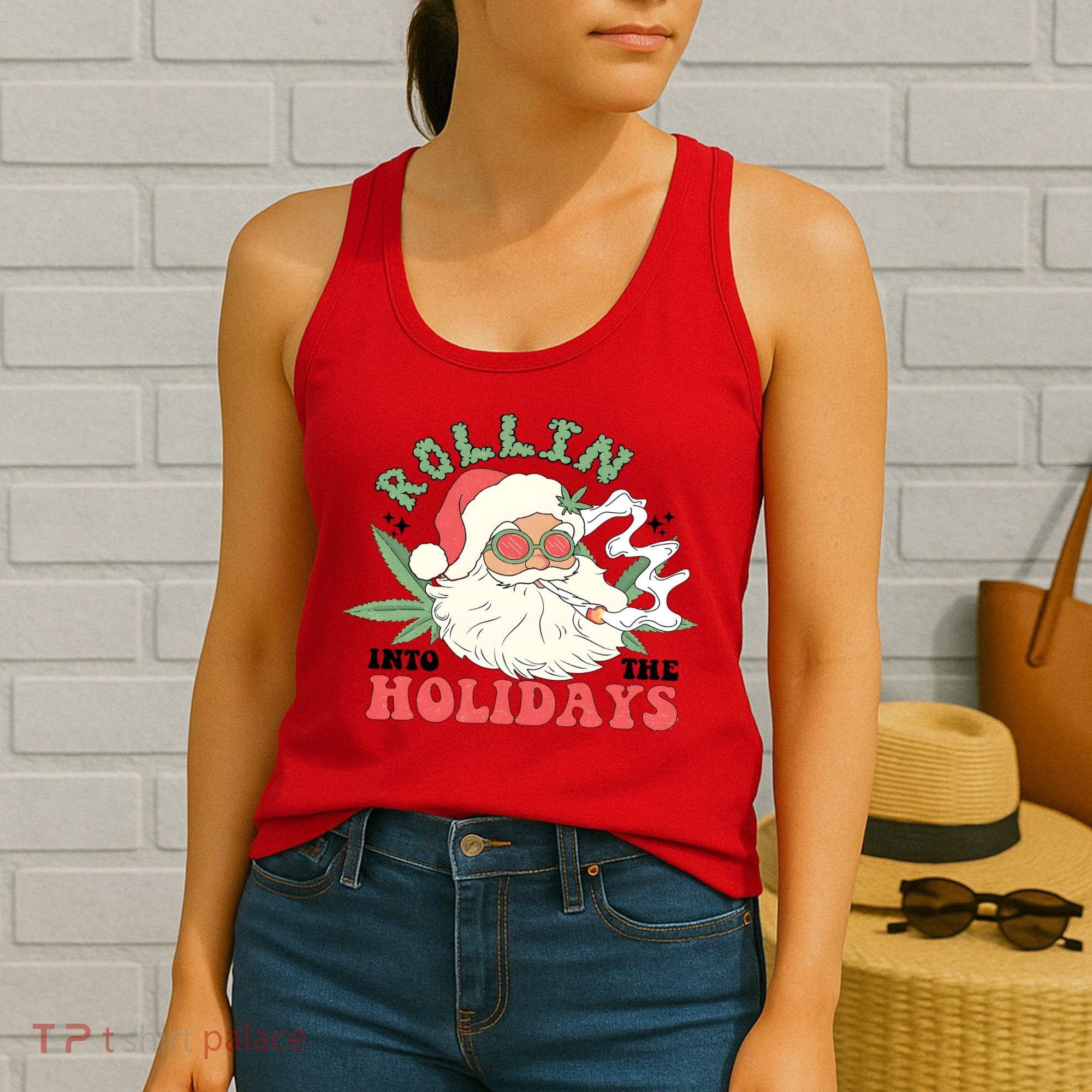 Rollin Into The Holidays Santa Smoker Retro Christmas Cannabis Weed Women's Tank Top