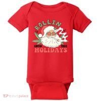 Rollin Into The Holidays Santa Smoker Retro Christmas Cannabis Weed Baby Bodysuit thumb 0