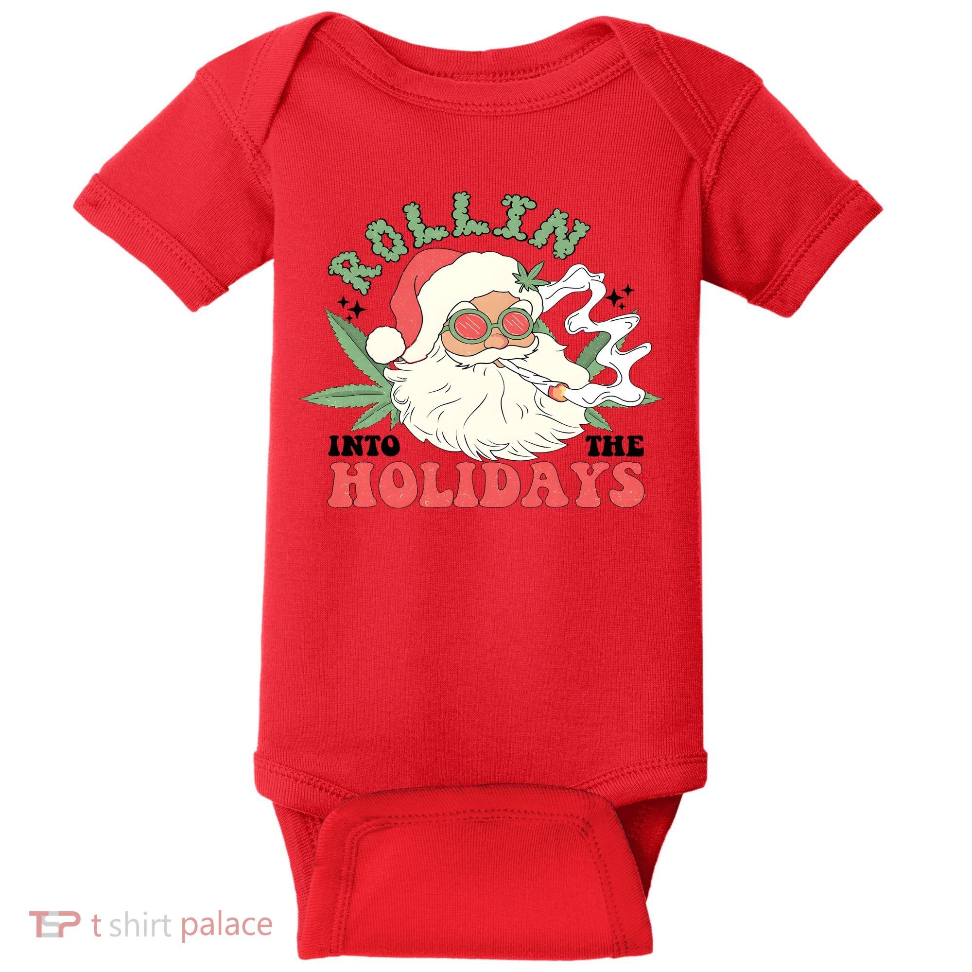 Rollin Into The Holidays Santa Smoker Retro Christmas Cannabis Weed Baby Bodysuit