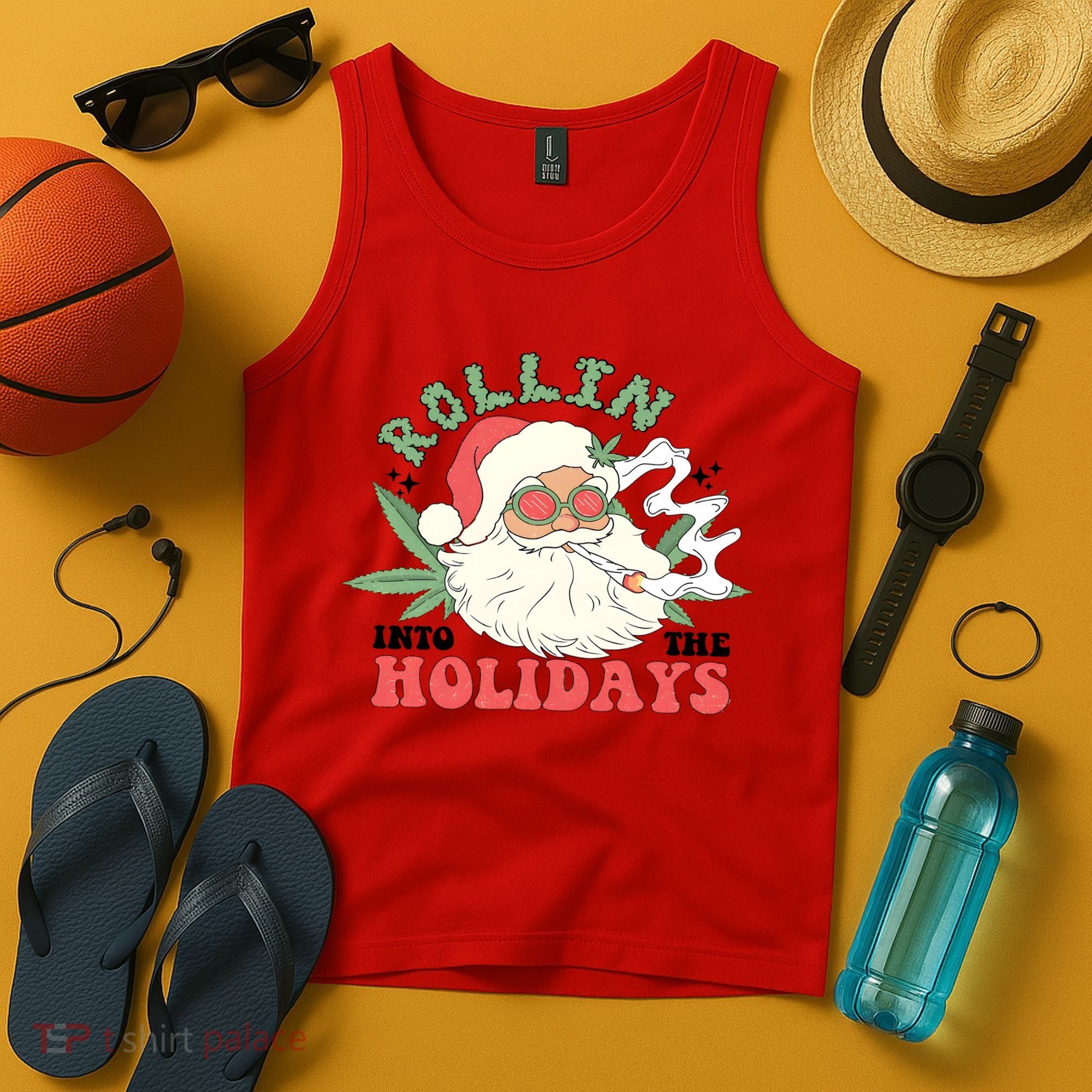 Rollin Into The Holidays Santa Smoker Retro Christmas Cannabis Weed Tank Top