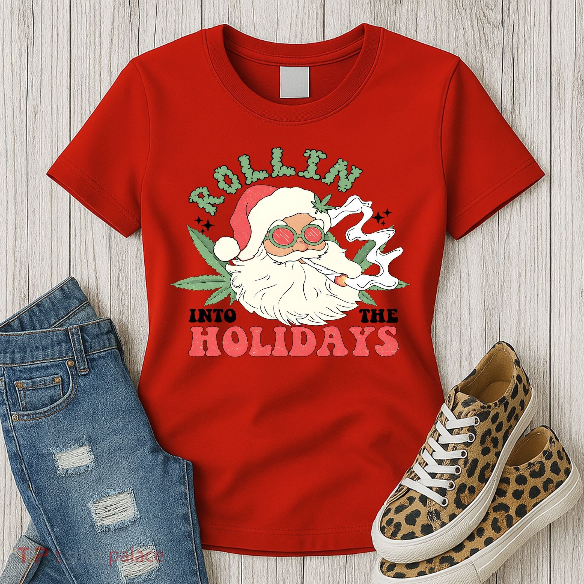 Rollin Into The Holidays Santa Smoker Retro Christmas Cannabis Weed Women's T-Shirt
