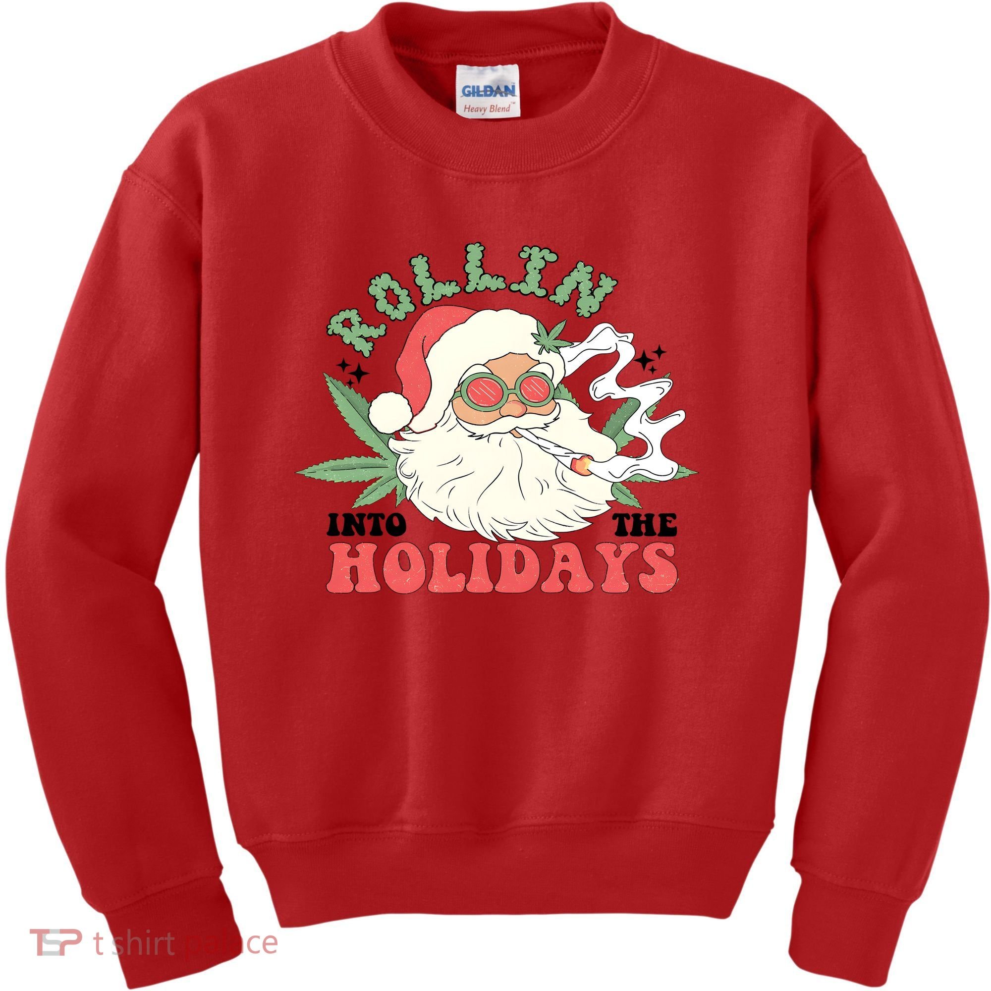 Rollin Into The Holidays Santa Smoker Retro Christmas Cannabis Weed Kids Sweatshirt