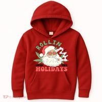 Rollin Into The Holidays Santa Smoker Retro Christmas Cannabis Weed Kids Hoodie thumb 0