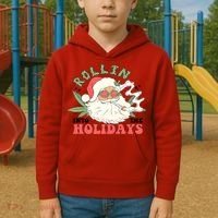 Rollin Into The Holidays Santa Smoker Retro Christmas Cannabis Weed Kids Hoodie thumb 2