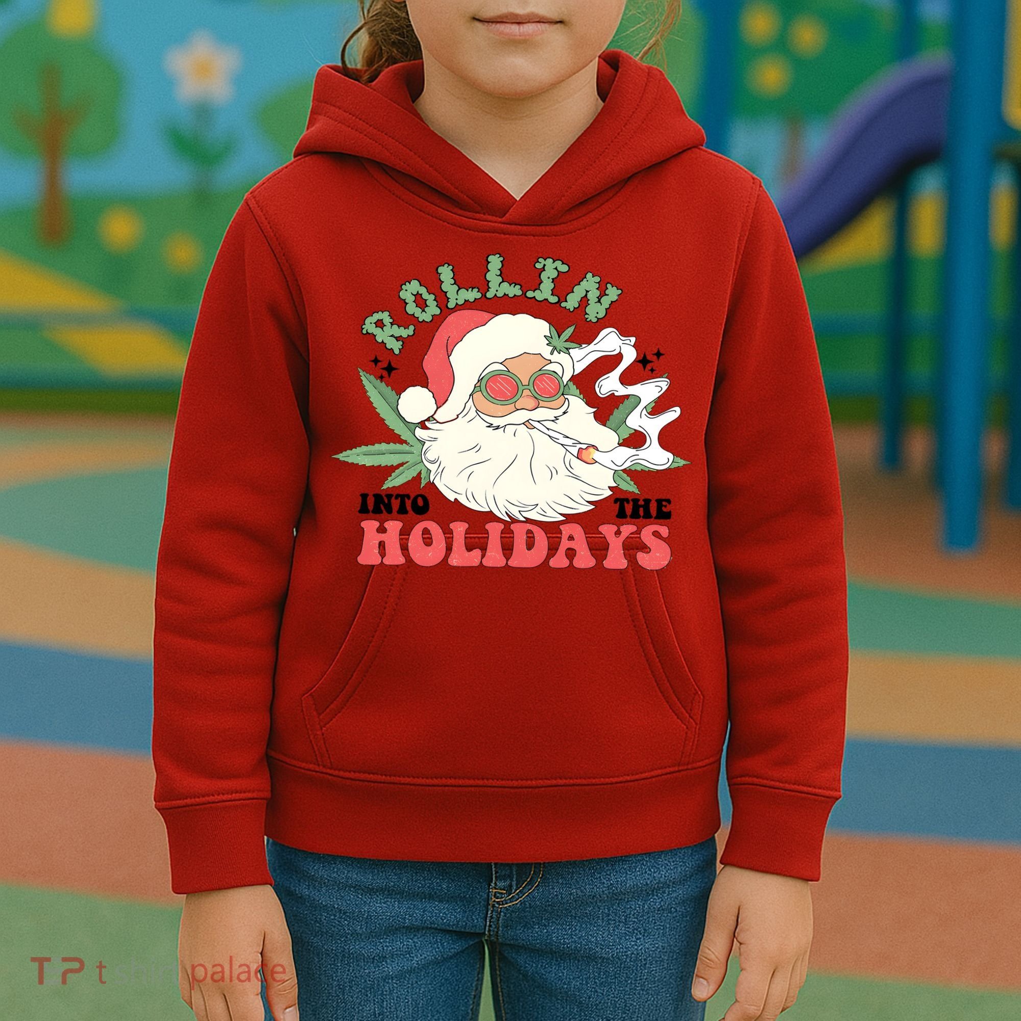 Rollin Into The Holidays Santa Smoker Retro Christmas Cannabis Weed Kids Hoodie