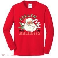 Rollin Into The Holidays Santa Smoker Retro Christmas Cannabis Weed Kids Long Sleeve Shirt thumb 0