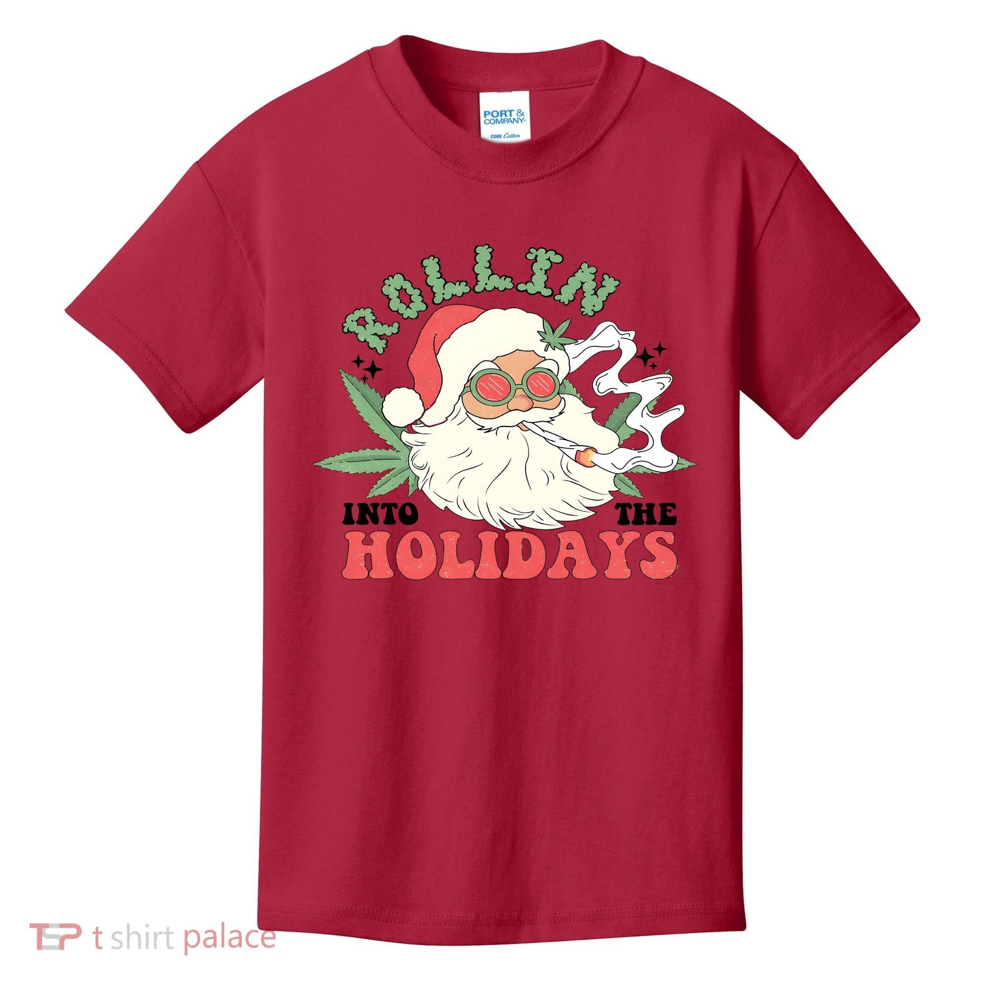 Rollin Into The Holidays Santa Smoker Retro Christmas Cannabis Weed Kids T-Shirt