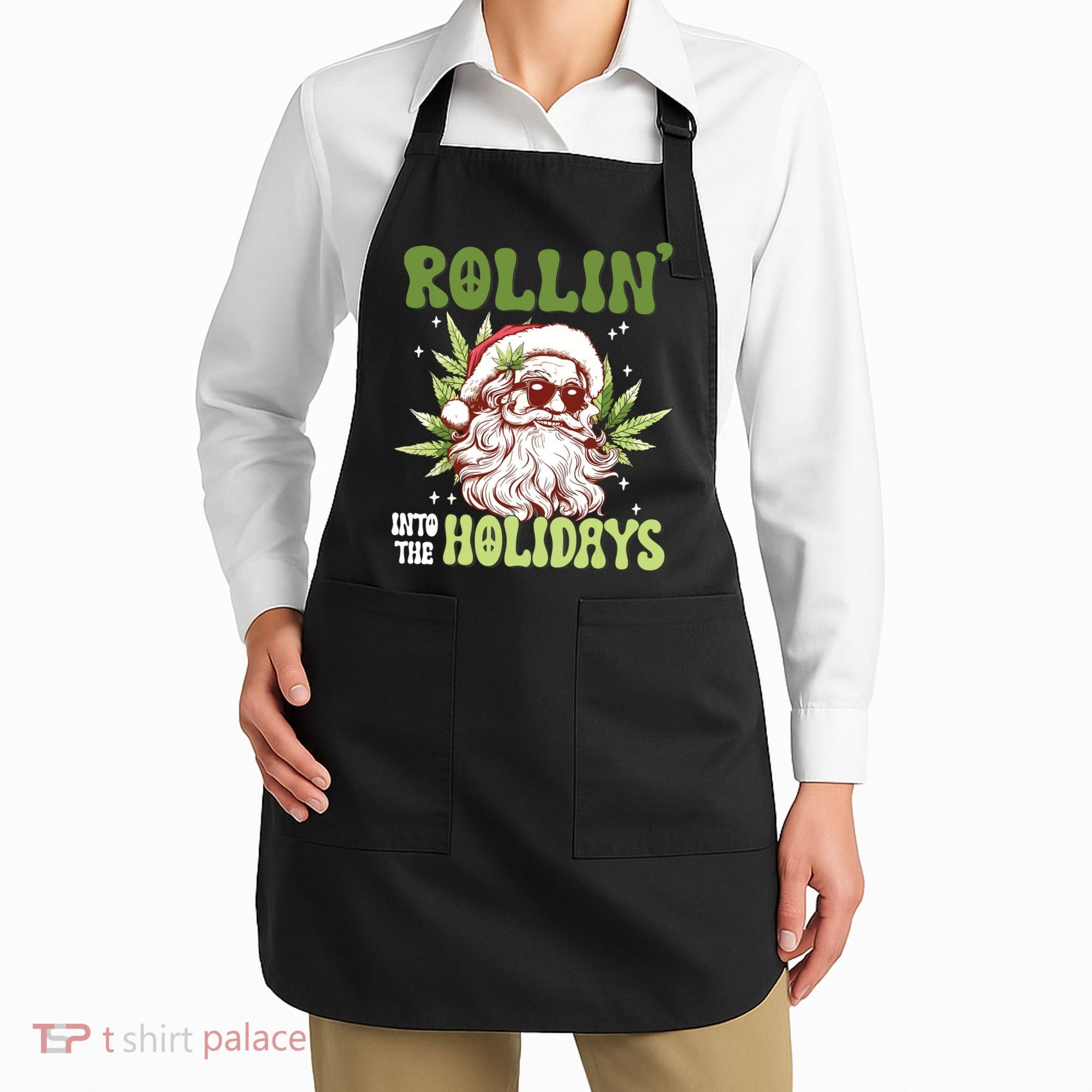 Rollin Into The Holidays Santa Black Marijuana Christmas Apron