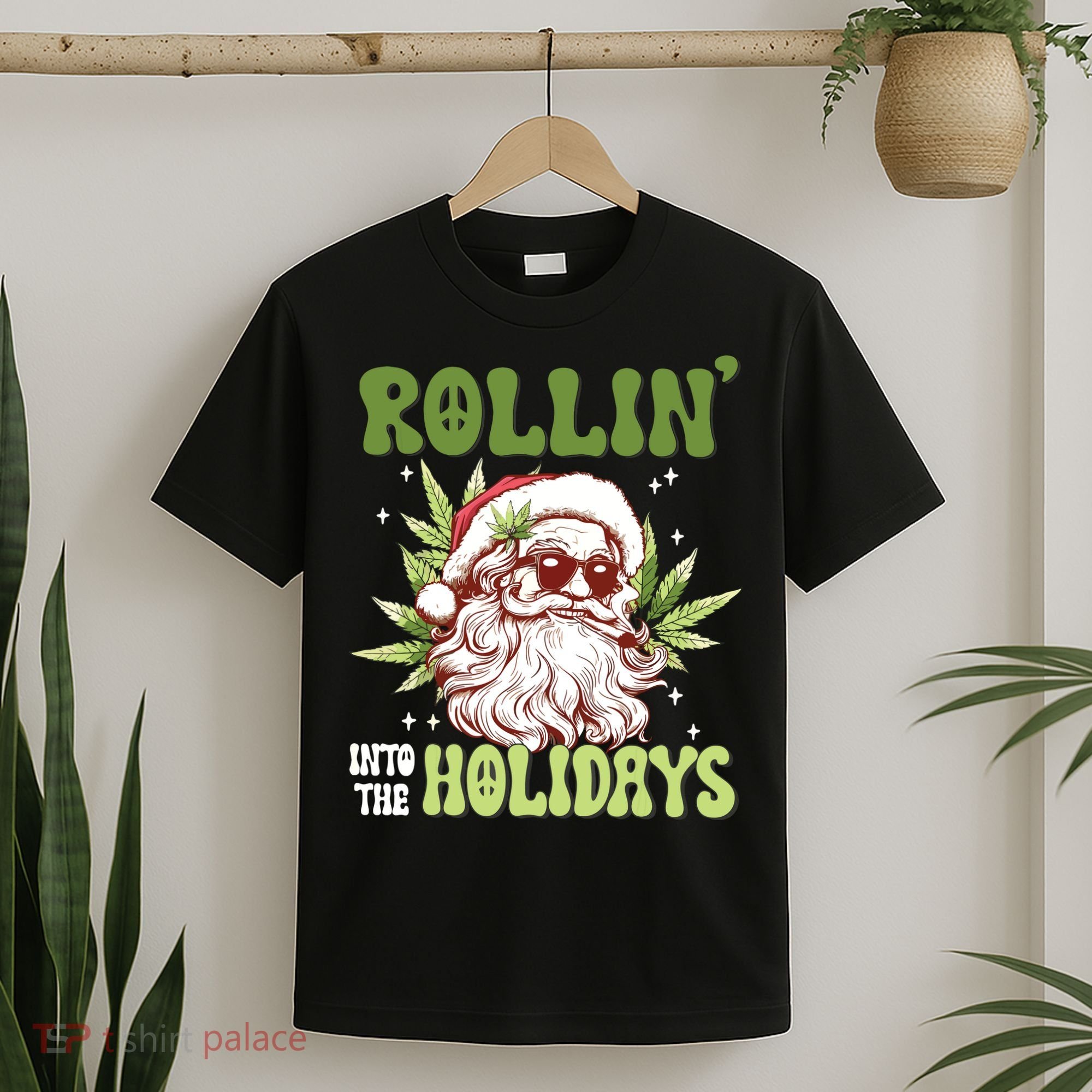 Rollin Into The Holidays Santa Black Marijuana Christmas T-Shirt