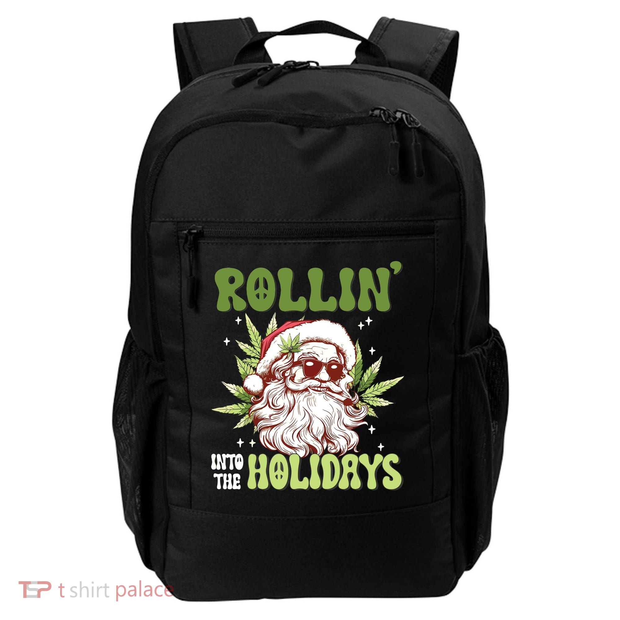 Rollin Into The Holidays Santa Black Marijuana Christmas Backpack