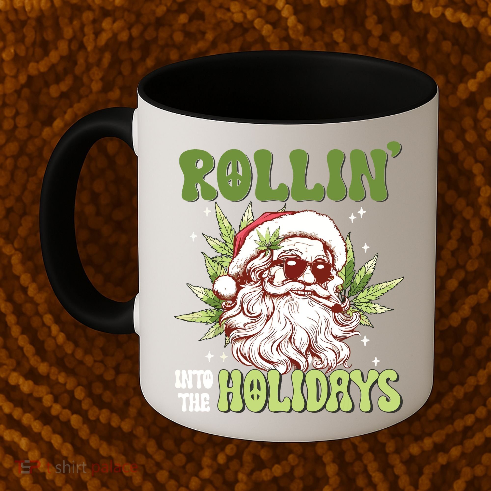 Rollin Into The Holidays Santa Black Marijuana Christmas Coffee Mug