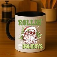 Rollin Into The Holidays Santa Black Marijuana Christmas Coffee Mug thumb 4