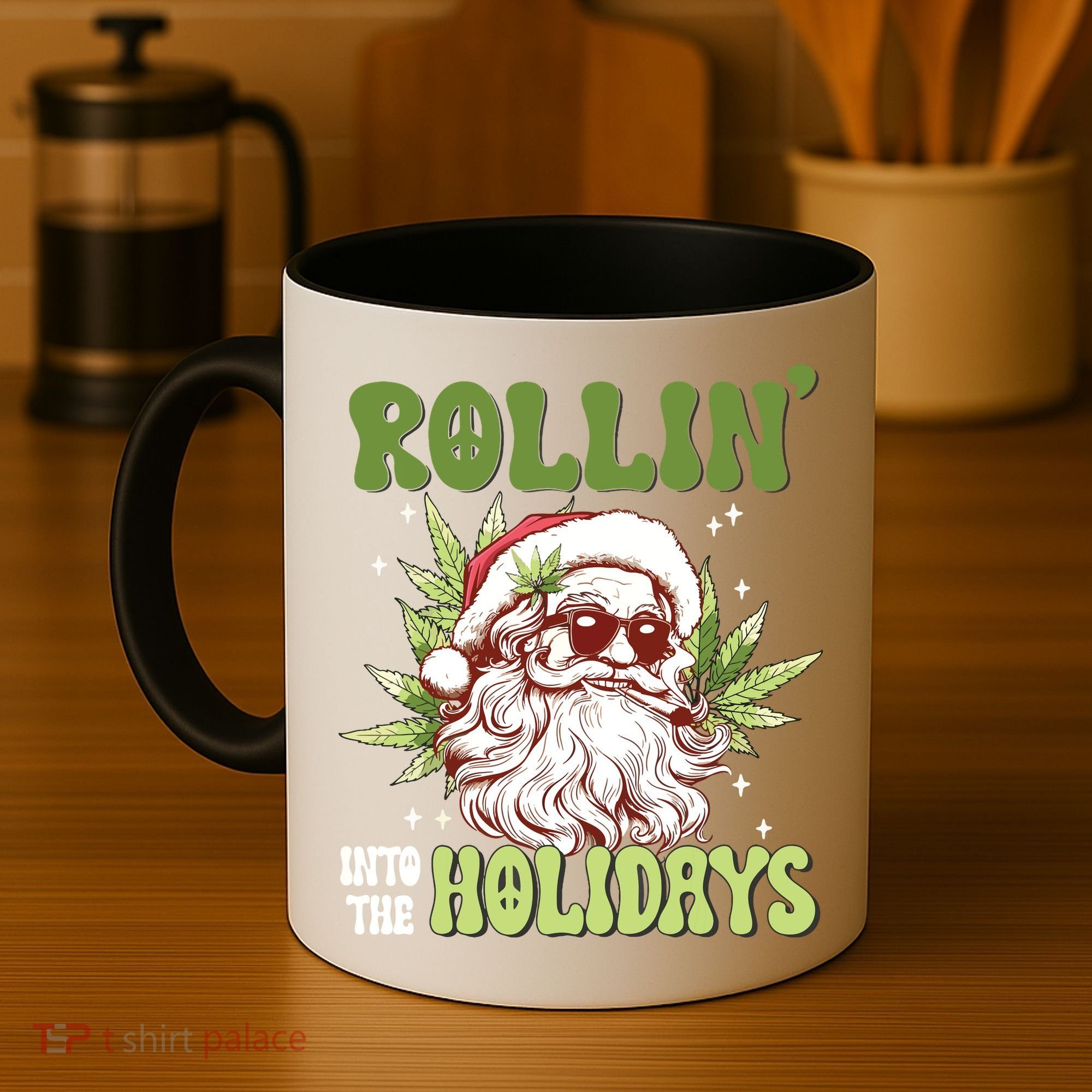 Rollin Into The Holidays Santa Black Marijuana Christmas Coffee Mug