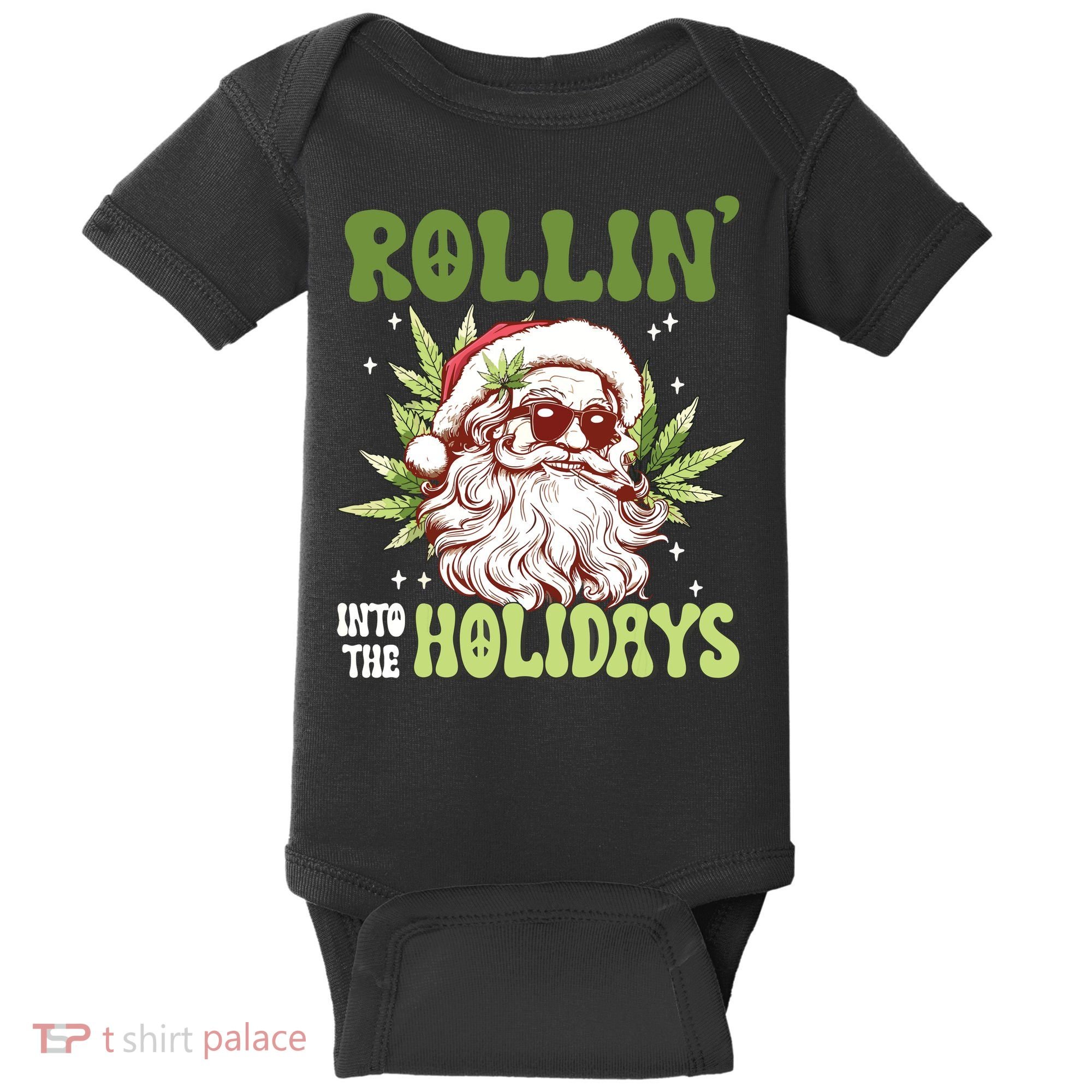 Rollin Into The Holidays Santa Black Marijuana Christmas Baby Bodysuit